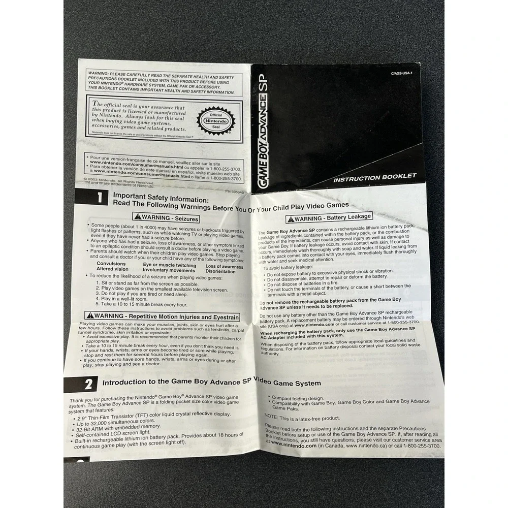 Game Boy Advance SP System Instruction Booklet Manual Only C/AGS-USA-1